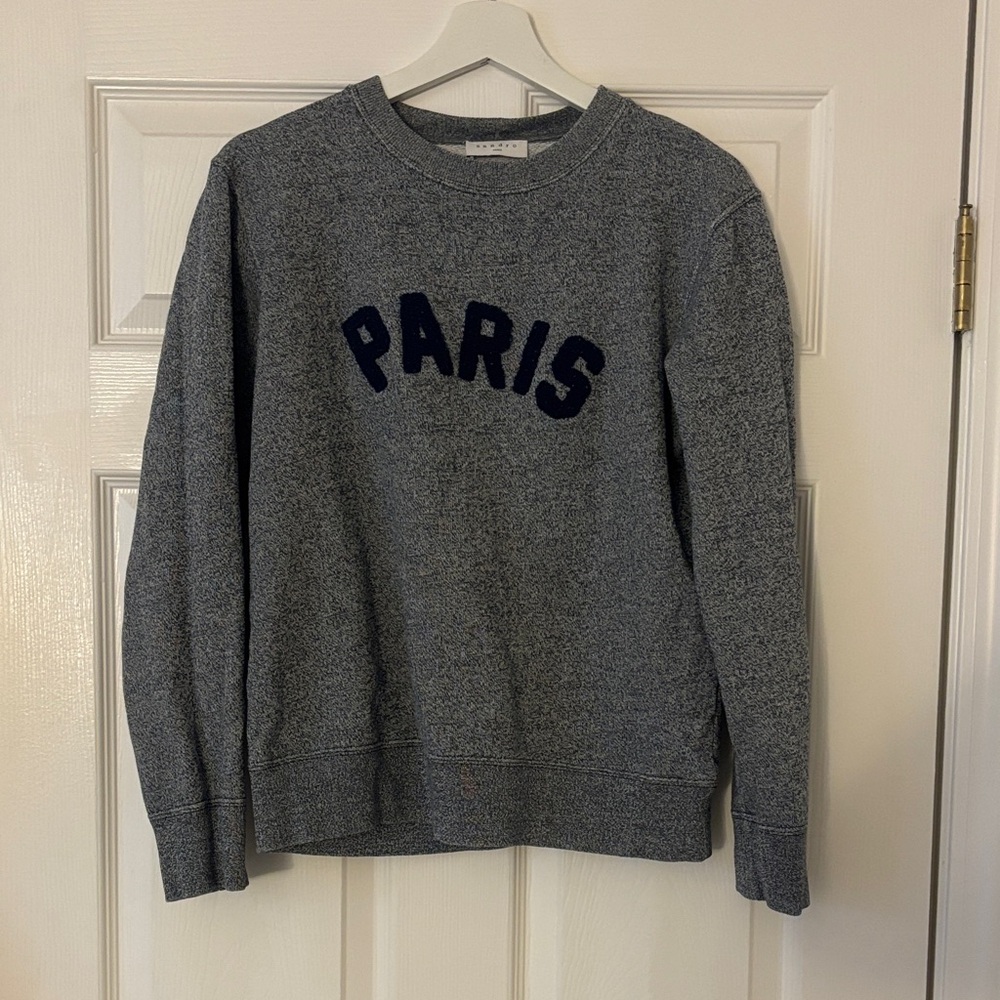 Sandro Gray Crewneck Sweater with Navy Lettering
